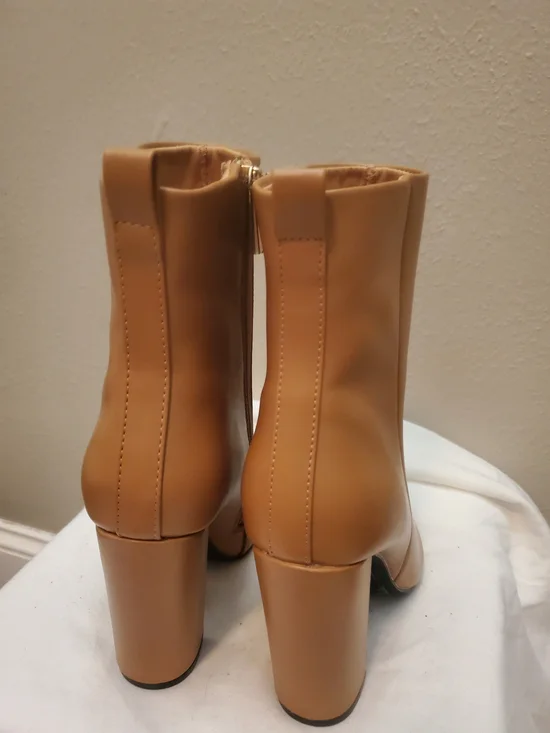 Qupid Tan Pointed Block Heel Ankle Boots - Picture 4 of 5